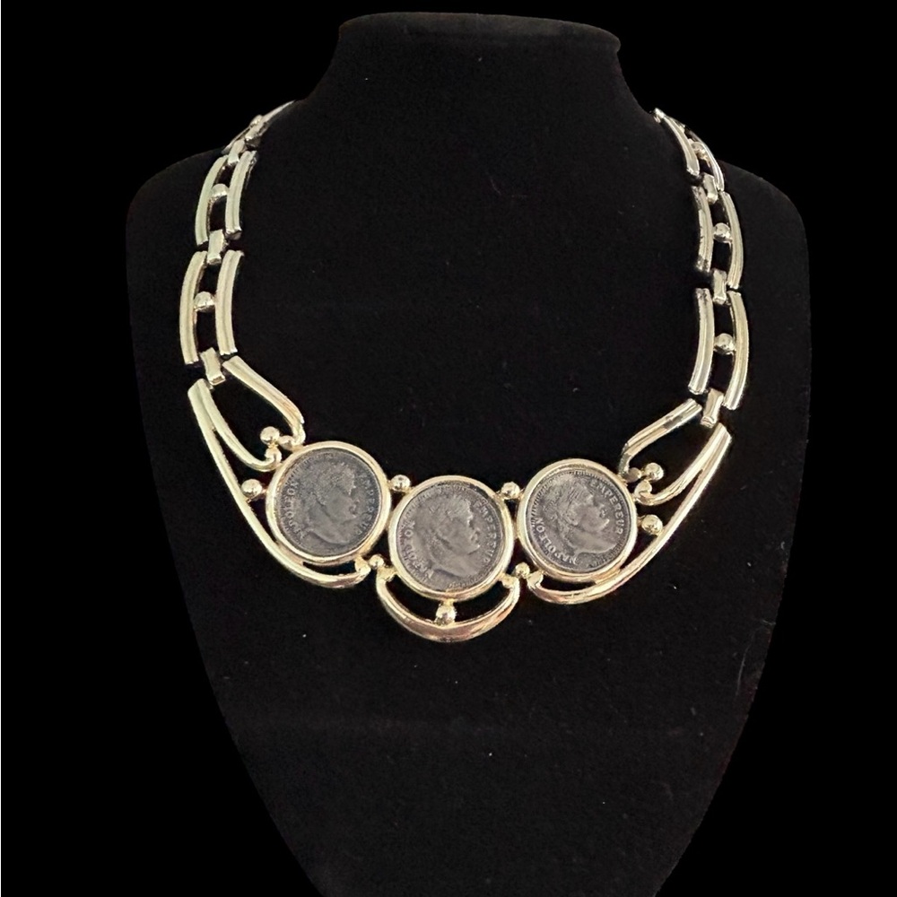 Vintage Napoleon Faux Coin Necklace Gold Tone Pewter Statement Choker BOHO